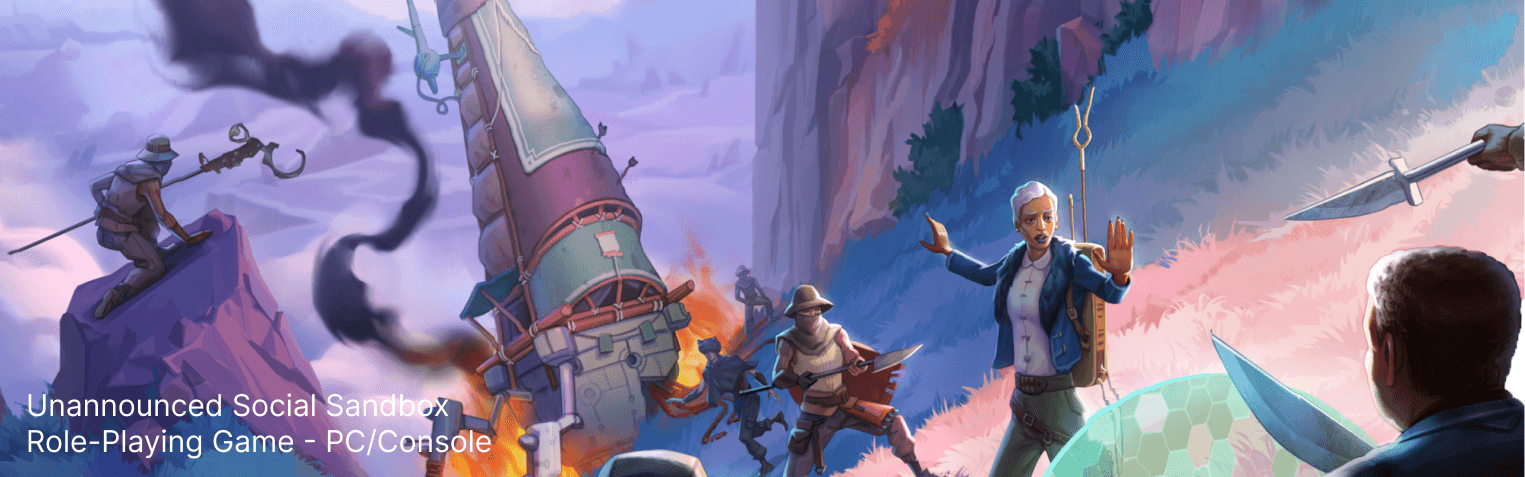 Illustrated scene of adventurers near a crashed airship, with weapons drawn in a tense standoff.